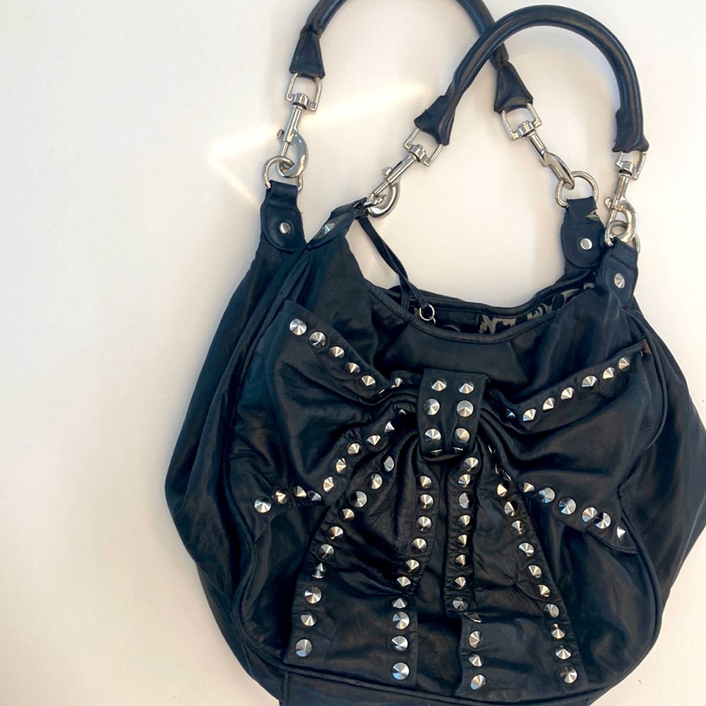 BETSY JOHNSON LEATHER BOWS AND ARROWS HANDBAG